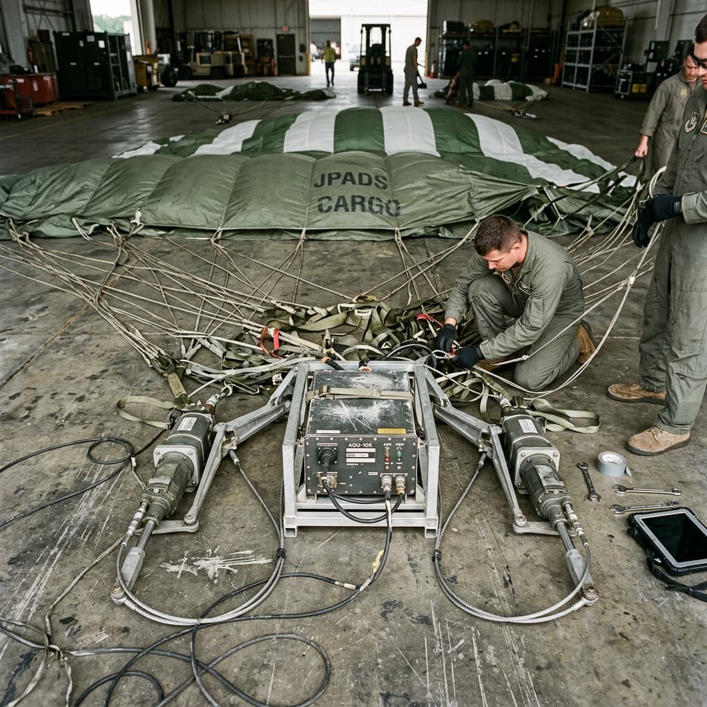 Guided cargo parachute assembly with avionics box and steering actuators