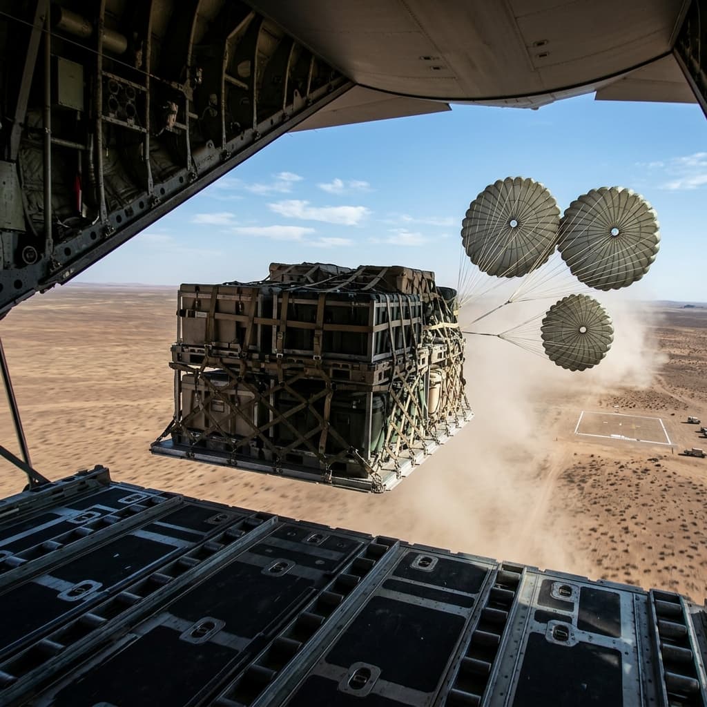 Massive heavily palletized cargo airdrop extraction sequence