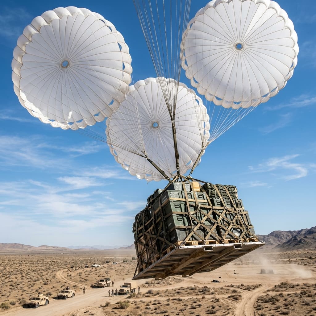 Massive loaded airdrop platform drifting downwards safely securely