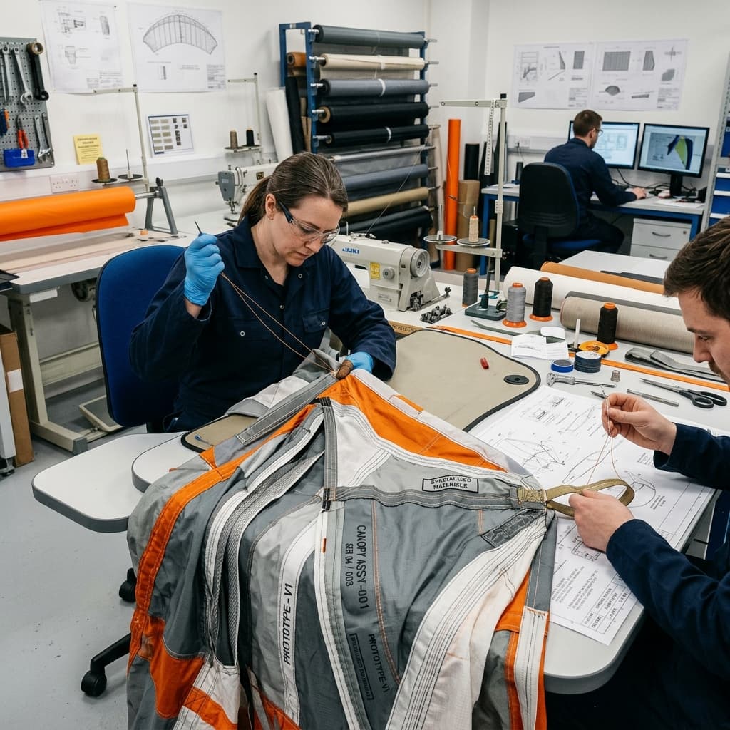 Engineers hand-stitching custom parachute canopy prototype