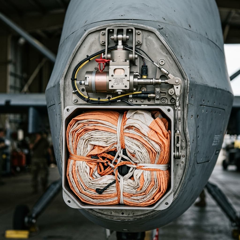 Ballistic drone recovery parachutes firing to save aircraft