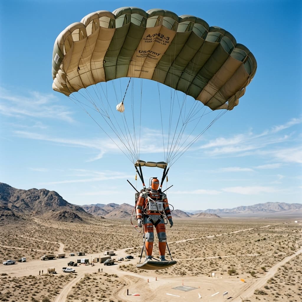 Instrumented dummy descending into desert under parachute