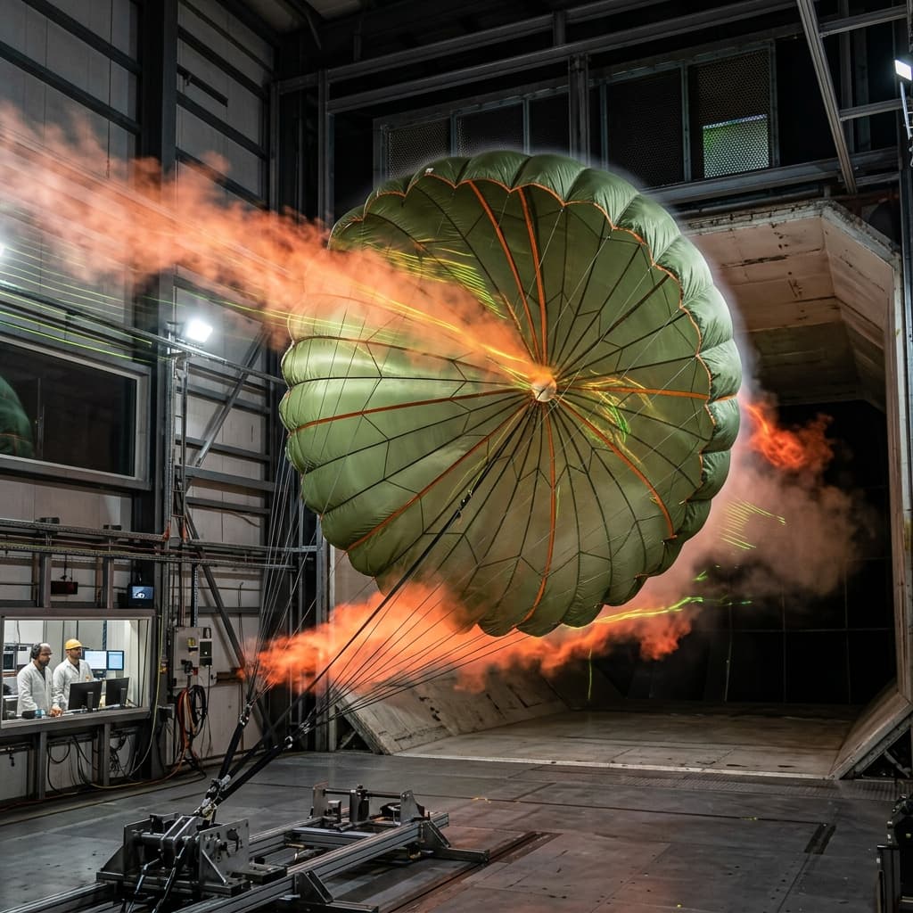 A sophisticated functional military parachute canopy prototype fully deployed inside a large industrial aerodynamic wind tunnel