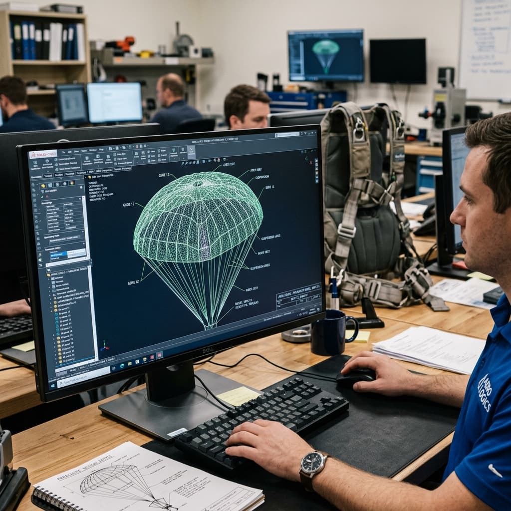 Close up of a detailed military parachute canopy CAD model wireframe on a computer screen in an aerospace engineering lab