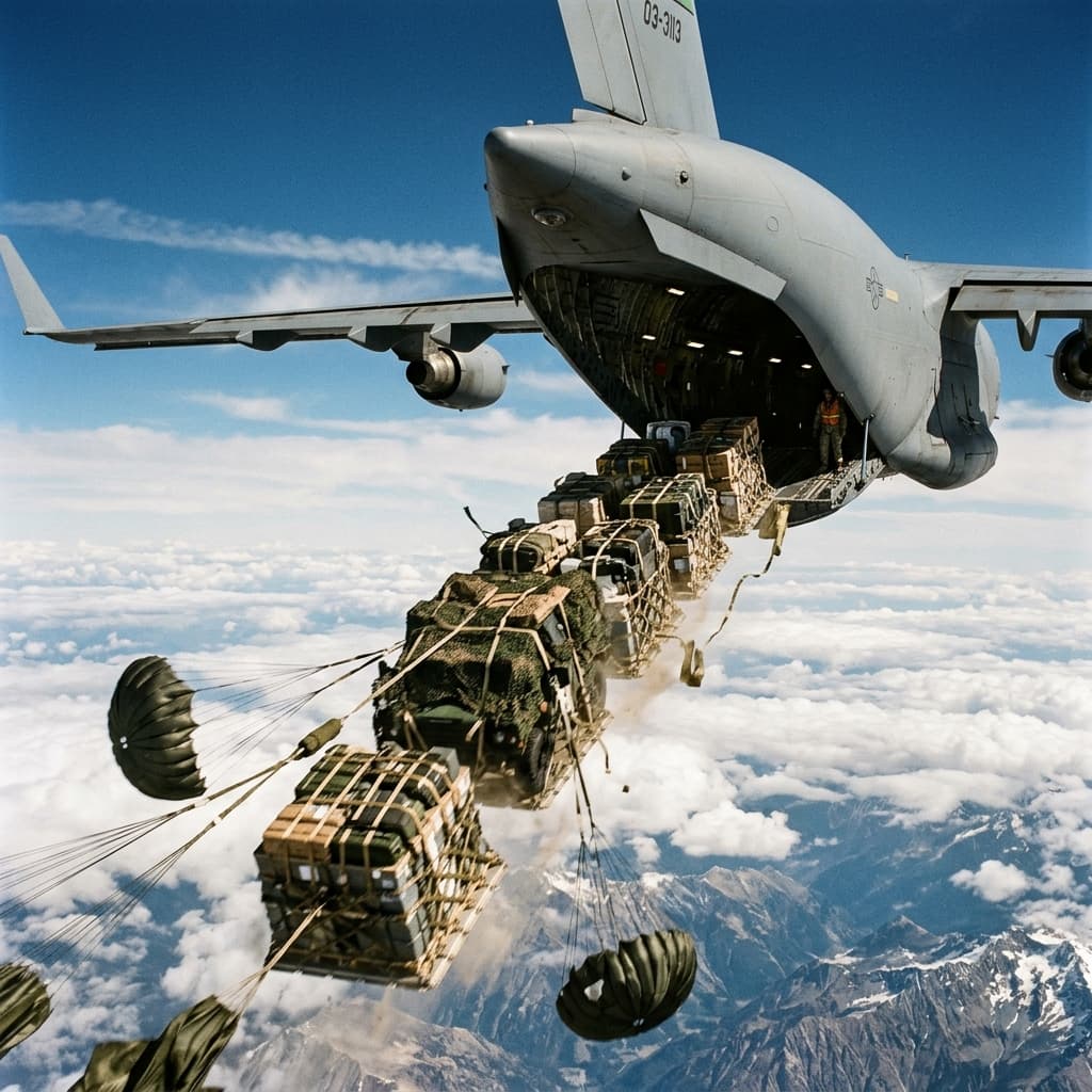 A massive heavily palletized military cargo airdrop extraction sequence rushing out from the open back ramp of a large military transport aircraft high in the sky