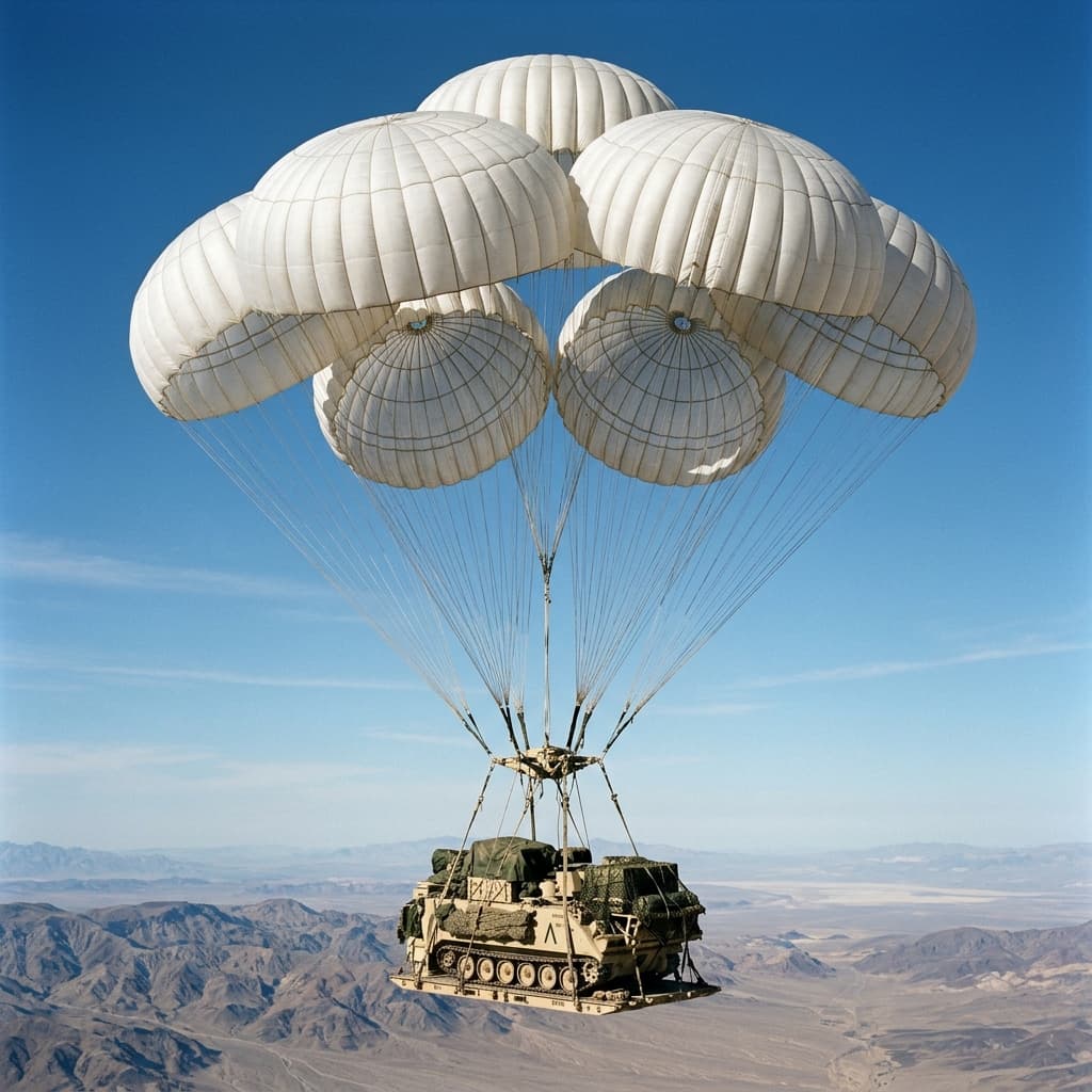 A massive loaded military cargo platform drifting smoothly downwards under a tight cluster of immense multi canopy cargo parachutes against a clear blue sky