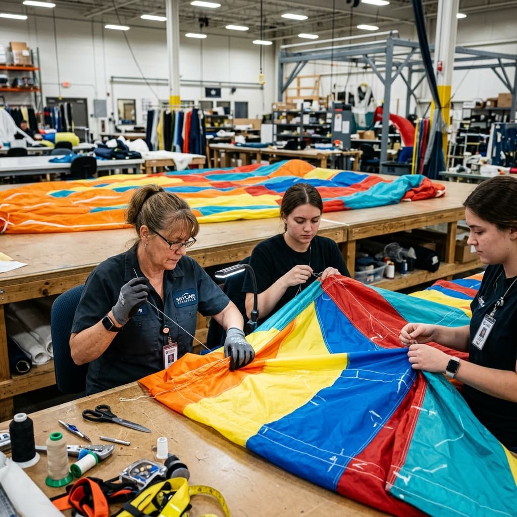 Skilled aerospace sewing technicians meticulously hand stitching a brightly colored custom parachute canopy prototype on a large industrial rigging table