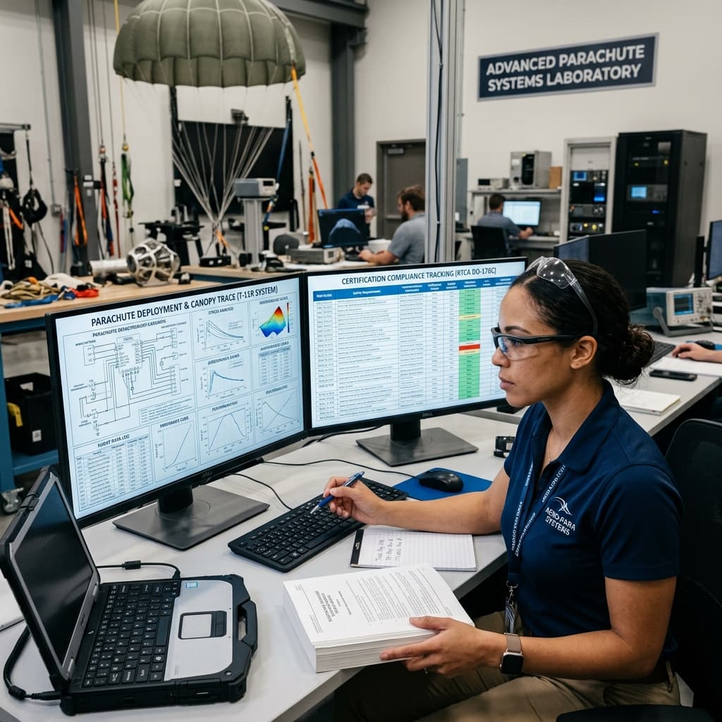 A specialized aerospace engineer reviewing complex parachute technical documentation and certification traces