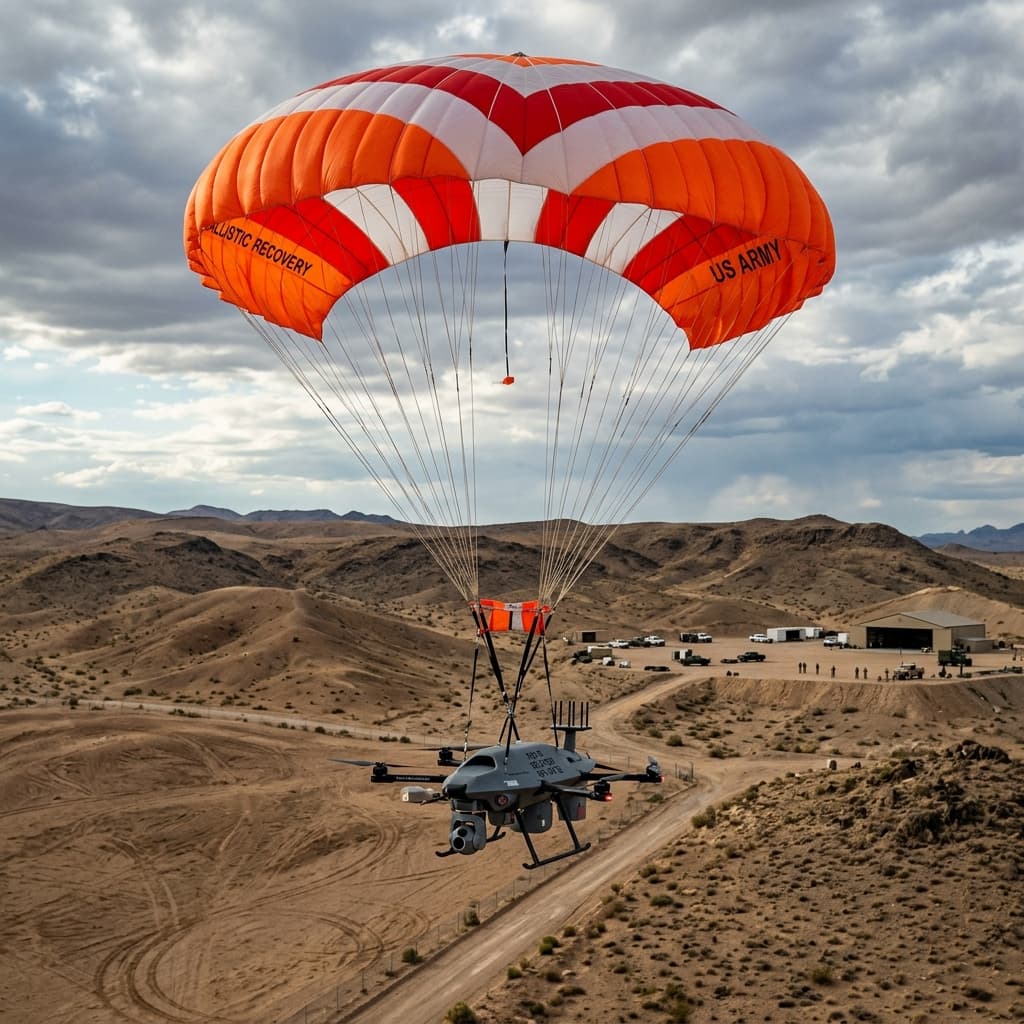 A highly valuable tactical military drone descending safely over a desert landscape under a highly visible ballistic recovery parachute