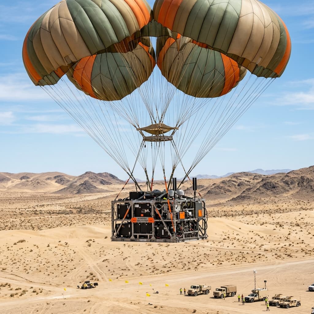 A massive heavy military cargo parachute successfully deployed during a test drop over an arid desert environment