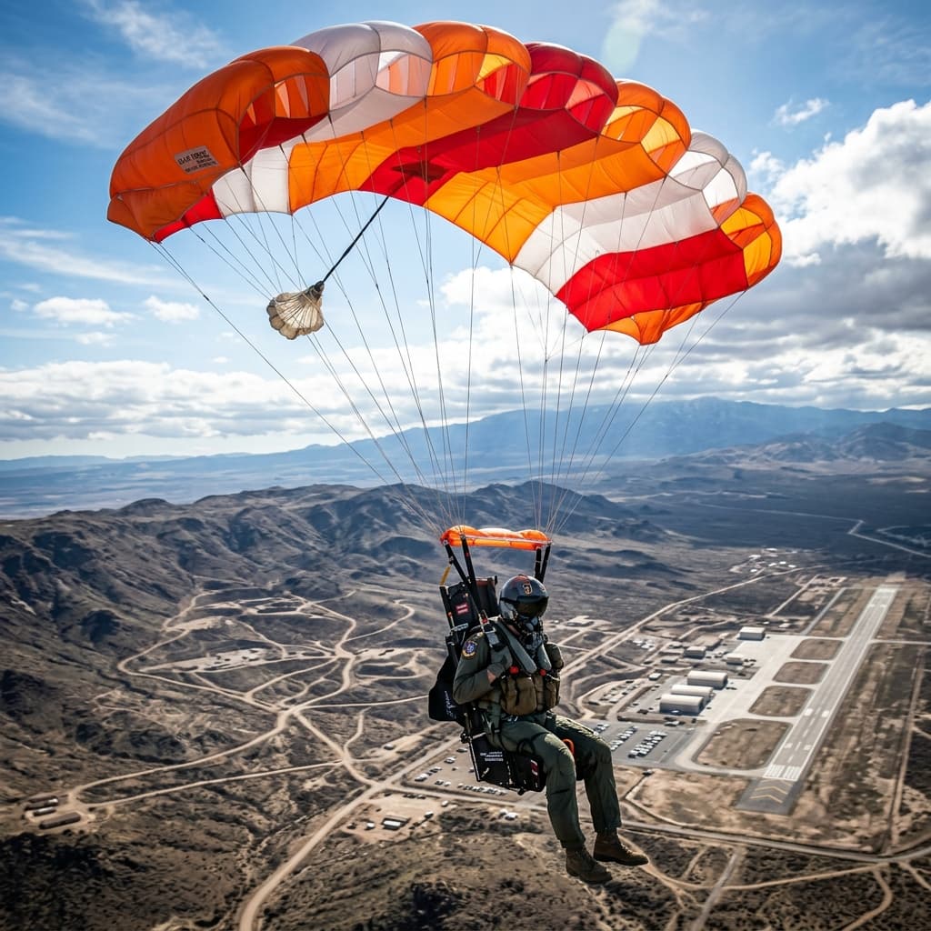 A supersonic rated military fighter jet ejection seat canopy fully inflated and brightly colored