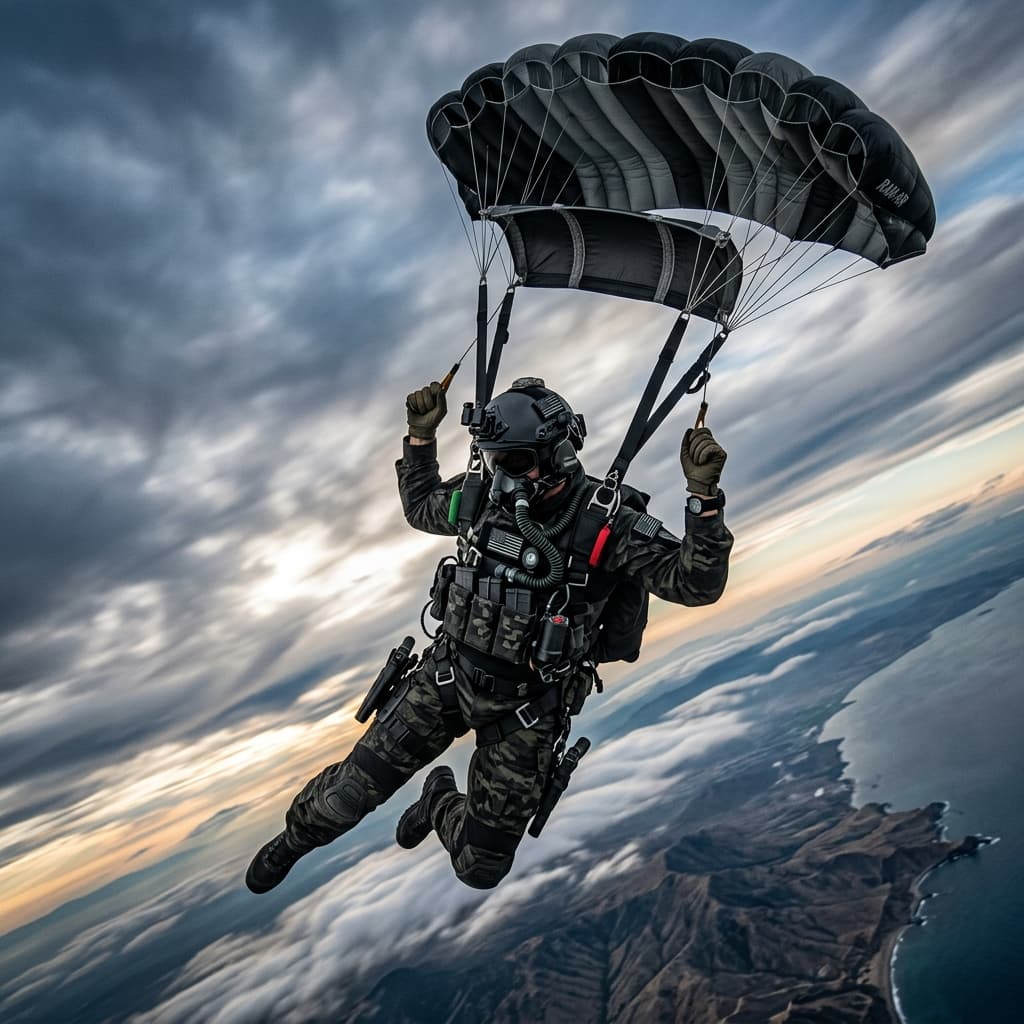 An elite military operator in full HALO gear including oxygen mask and ballistic helmet descending rapidly under a stealthy tactical glide parachute