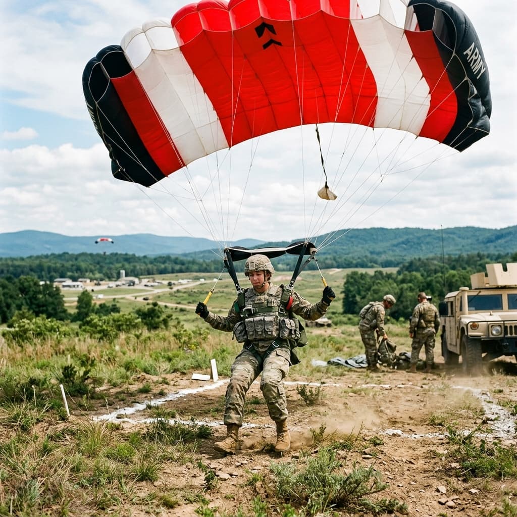 A military paratrooper executing a precise landing on a drop zone under a large high visibility tactical parachute canopy