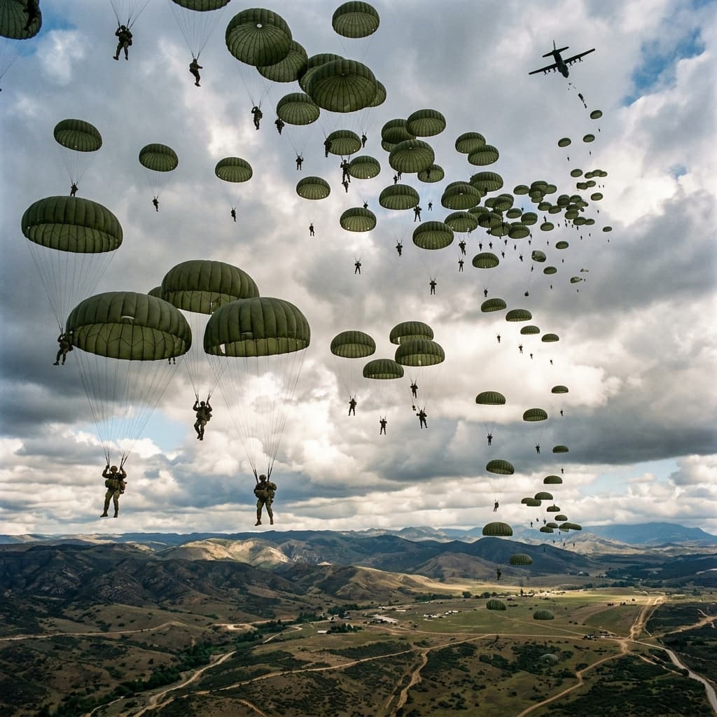 Dozens of airborne soldiers descending simultaneously under a massive sky filled with circular static line parachutes