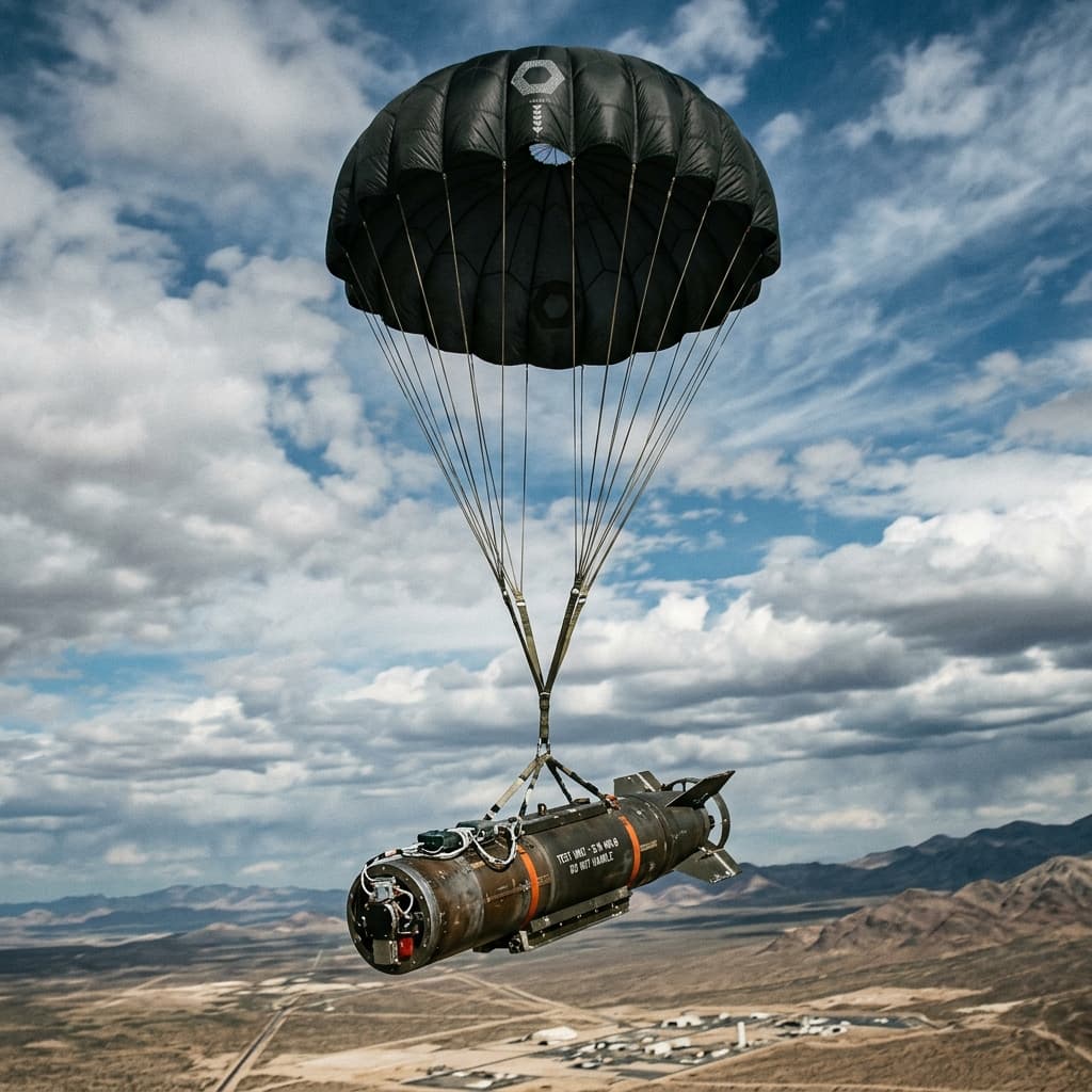 A heavy testing ordnance package slowed mid air by a high drag tactical drogue parachute