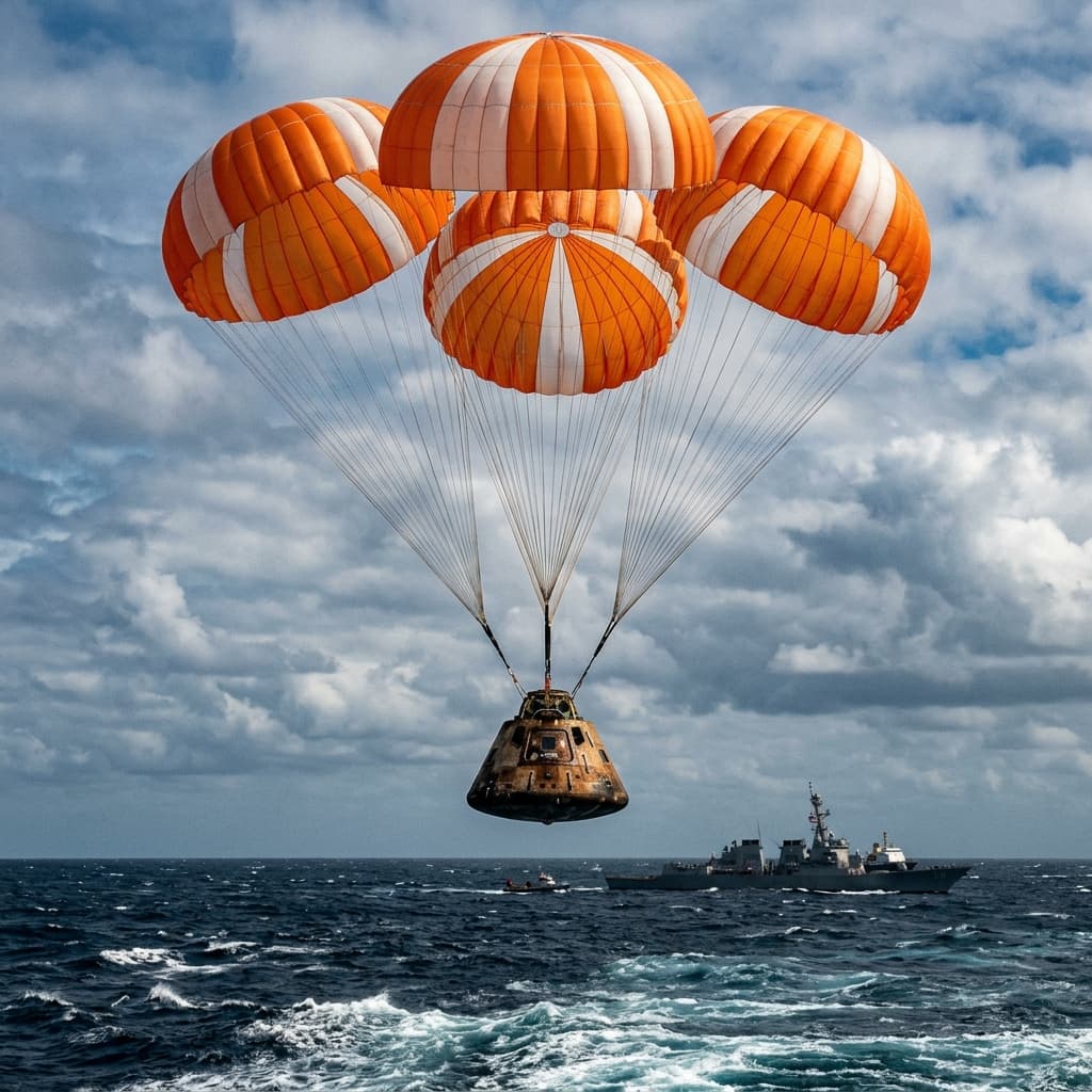 A massive scorched orbital space capsule descending into the ocean under three colossal bright orange and white main parachute canopies