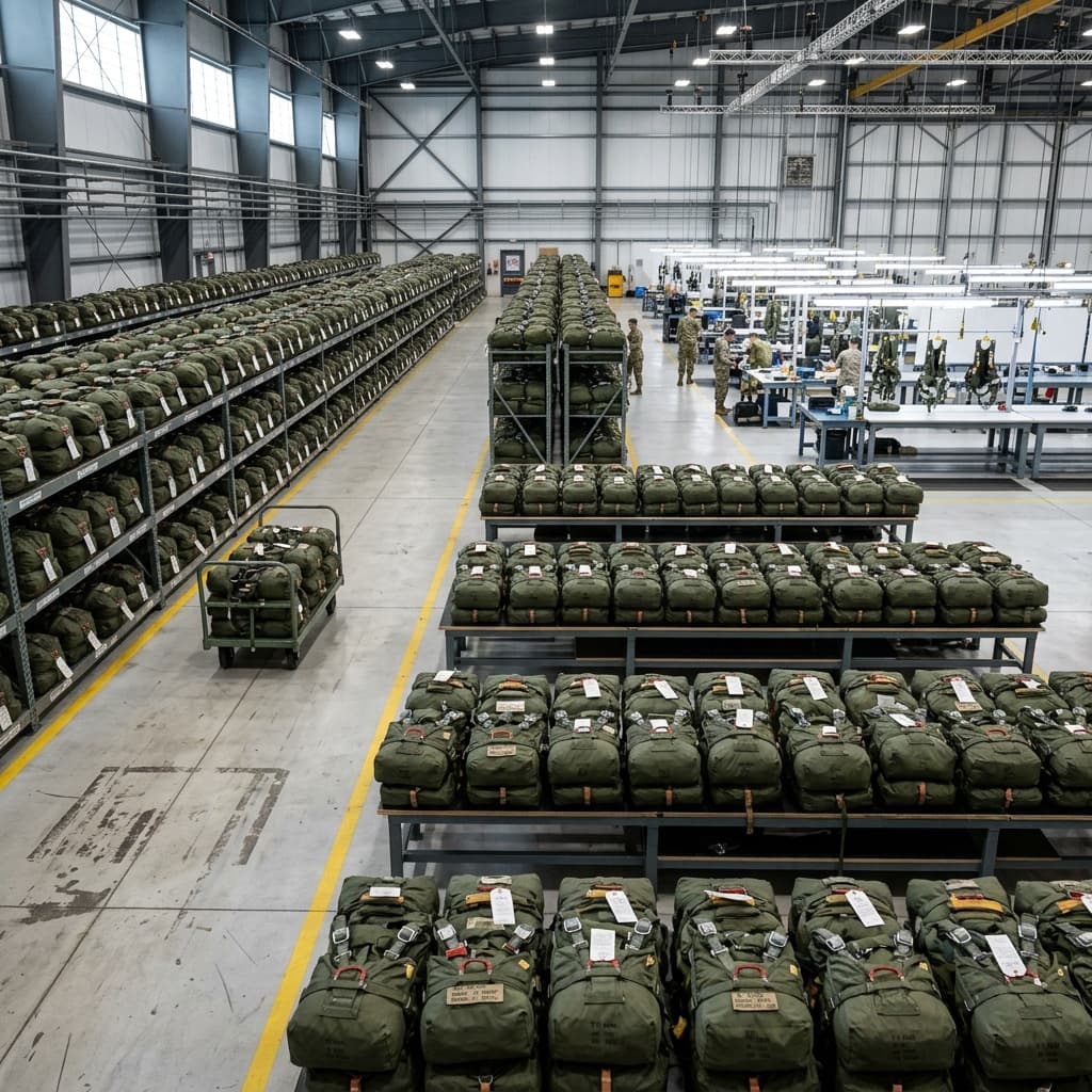 A pristine military parachute rigger facility with perfectly organized rows of meticulously packed tactical parachute systems ready for deployment