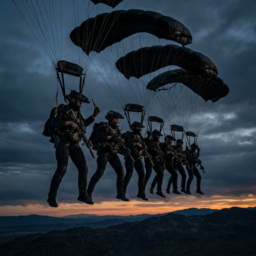 A heavily armed military team flying tightly in formation under stealth ram air tactical parachutes at dusk