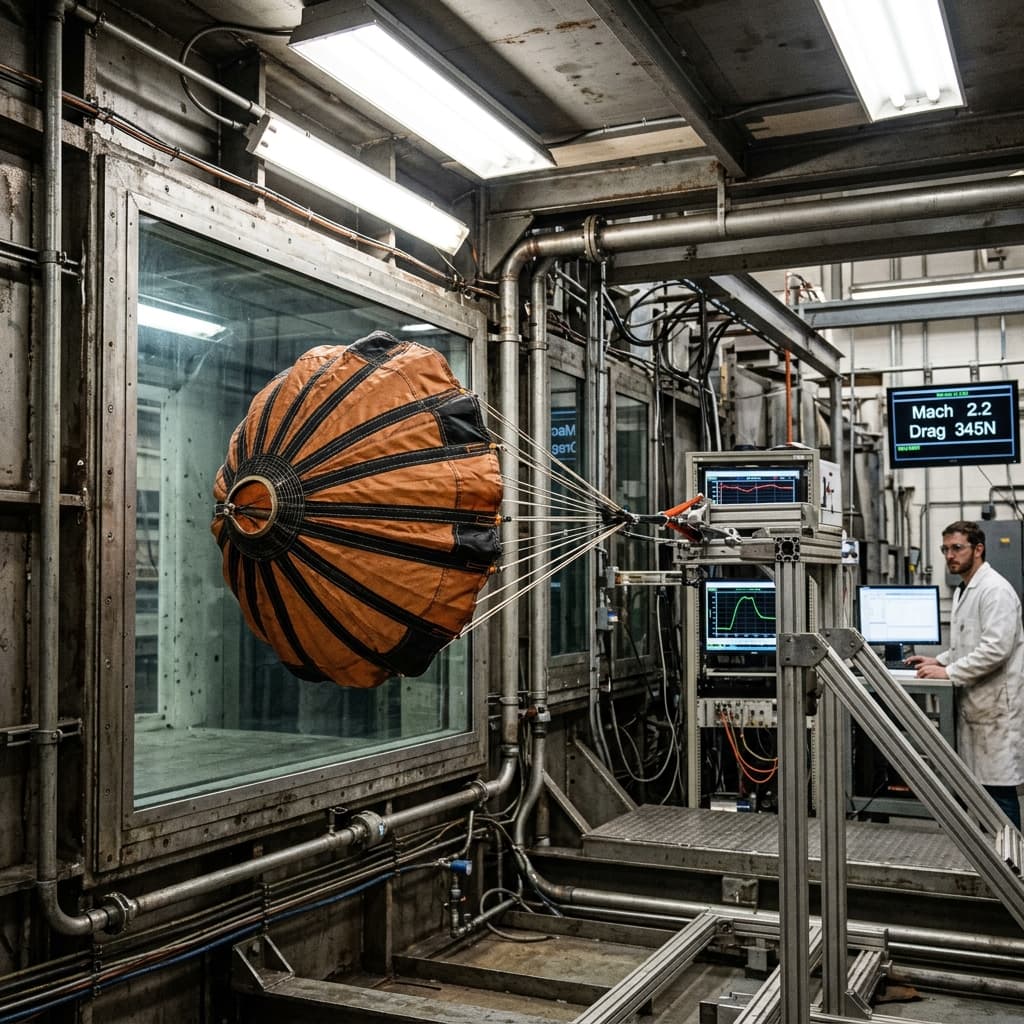 Supersonic high-speed drogue parachute canopy in a wind tunnel test section