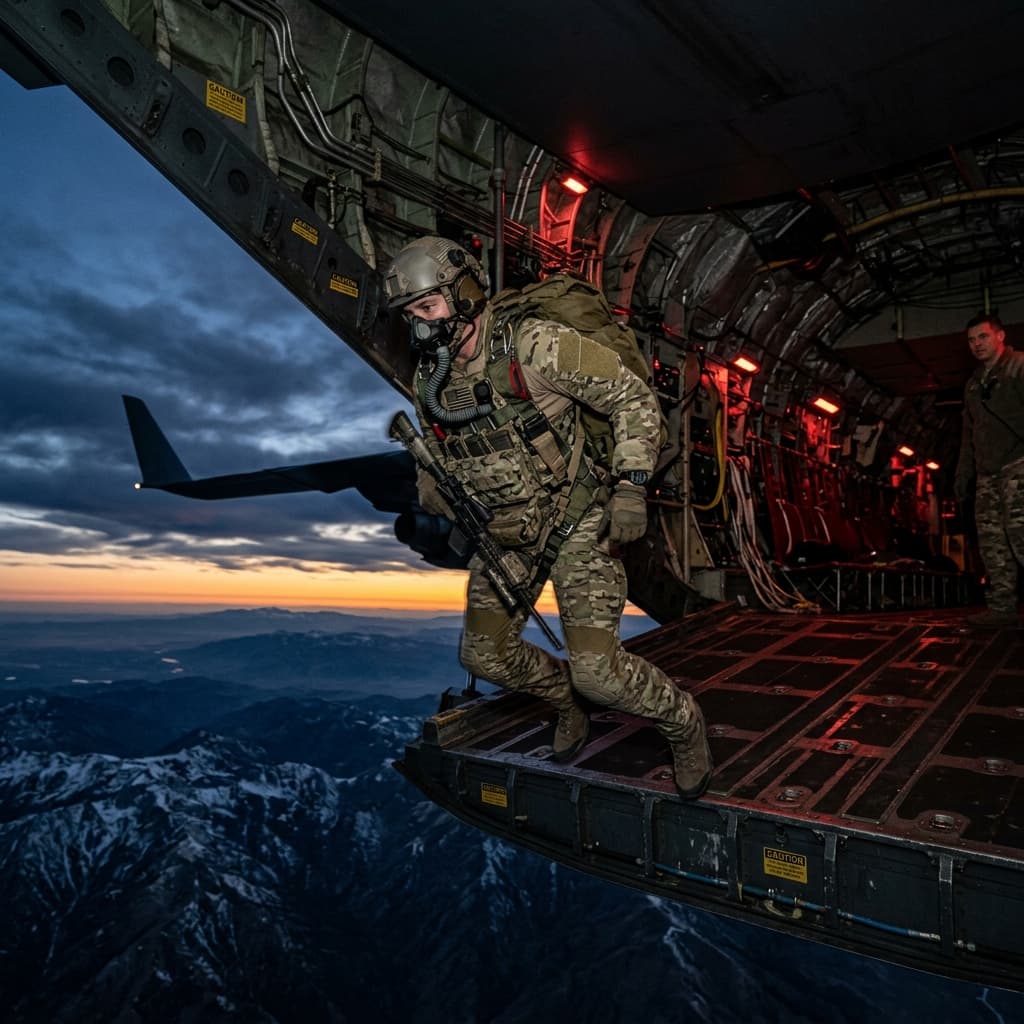 Military high altitude jumper exiting plane ramp