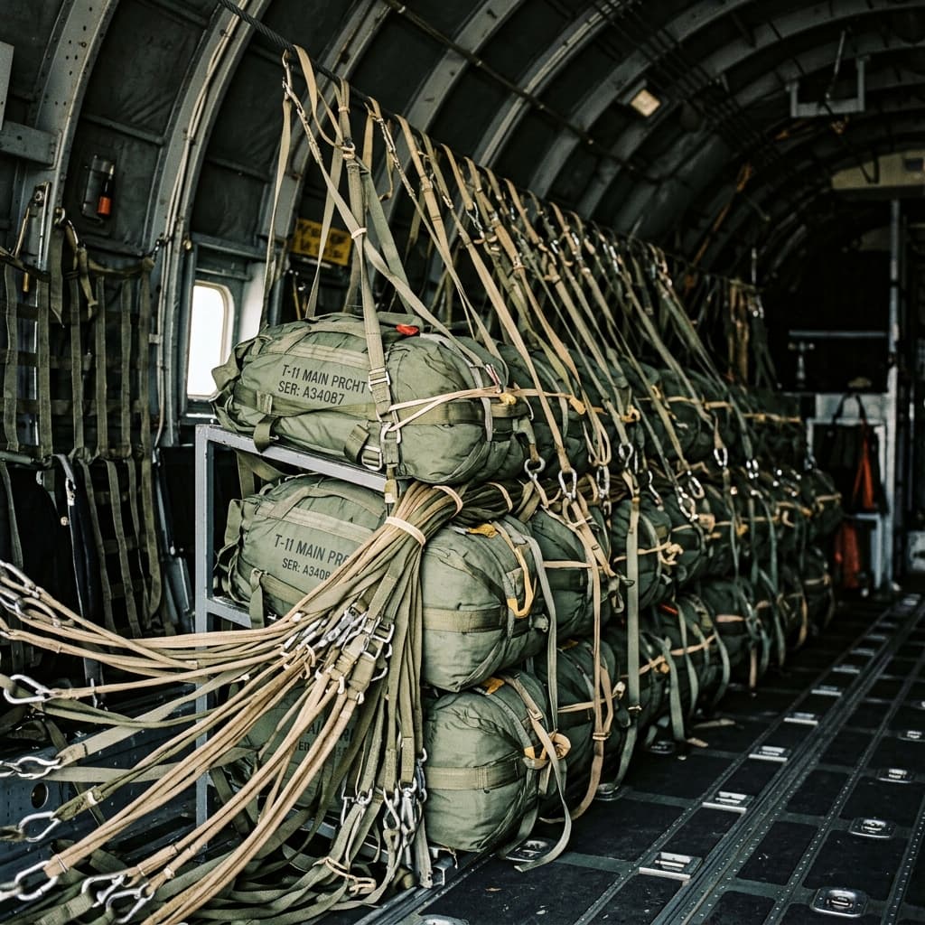 Military static line deployment bags layered inside an aircraft cargo hold