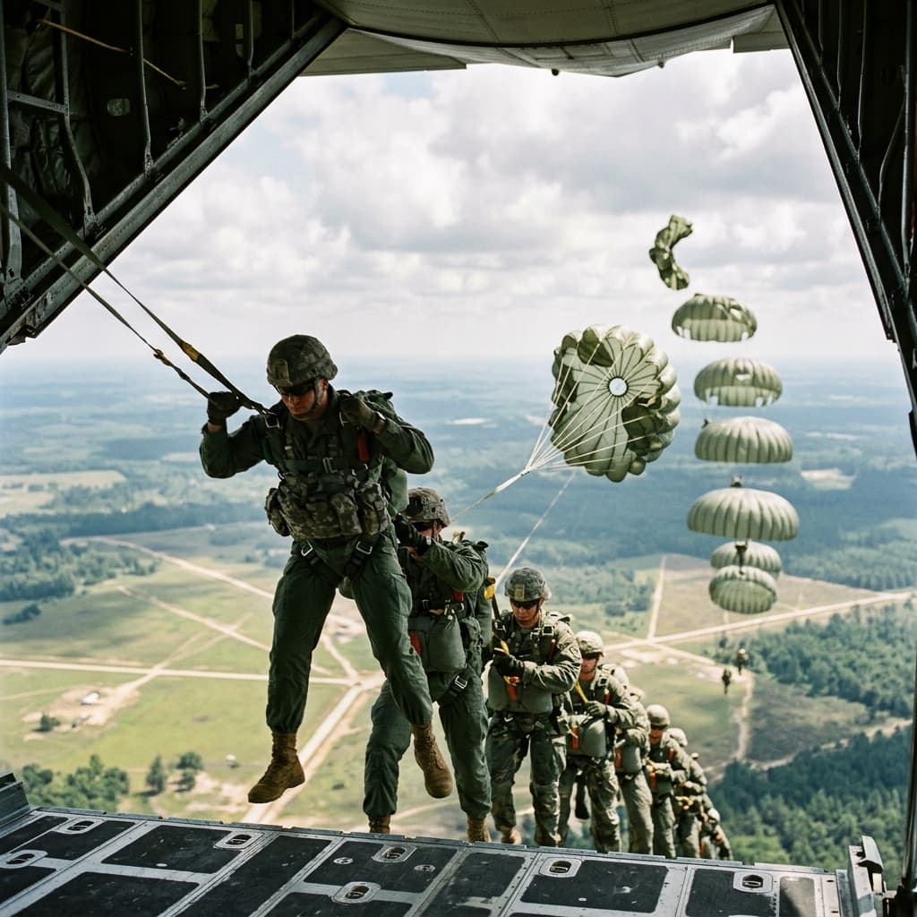 Airborne military soldiers executing mass tactical parachute jump