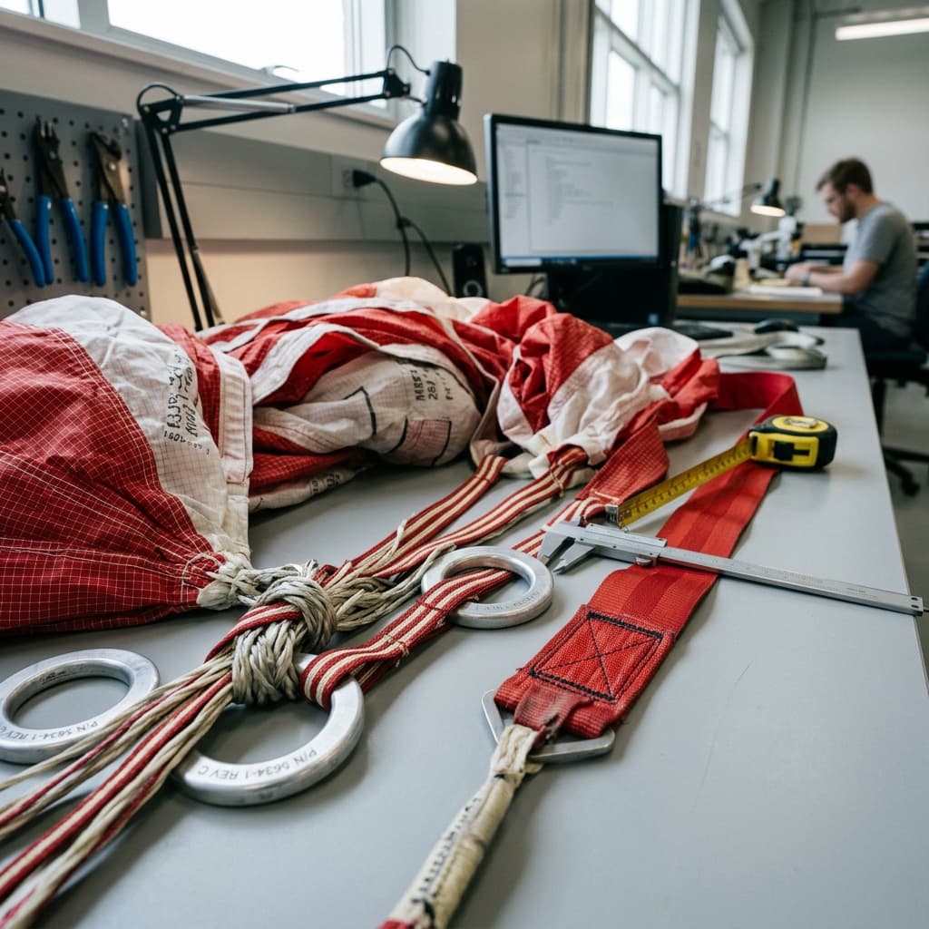 High-speed drogue parachute canopy and reefing rings in an engineering lab