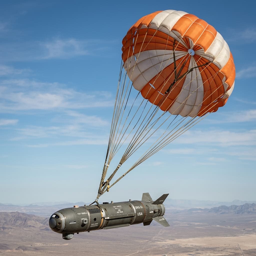 Experimental military heavy test ordnance decelerated by drogue parachute