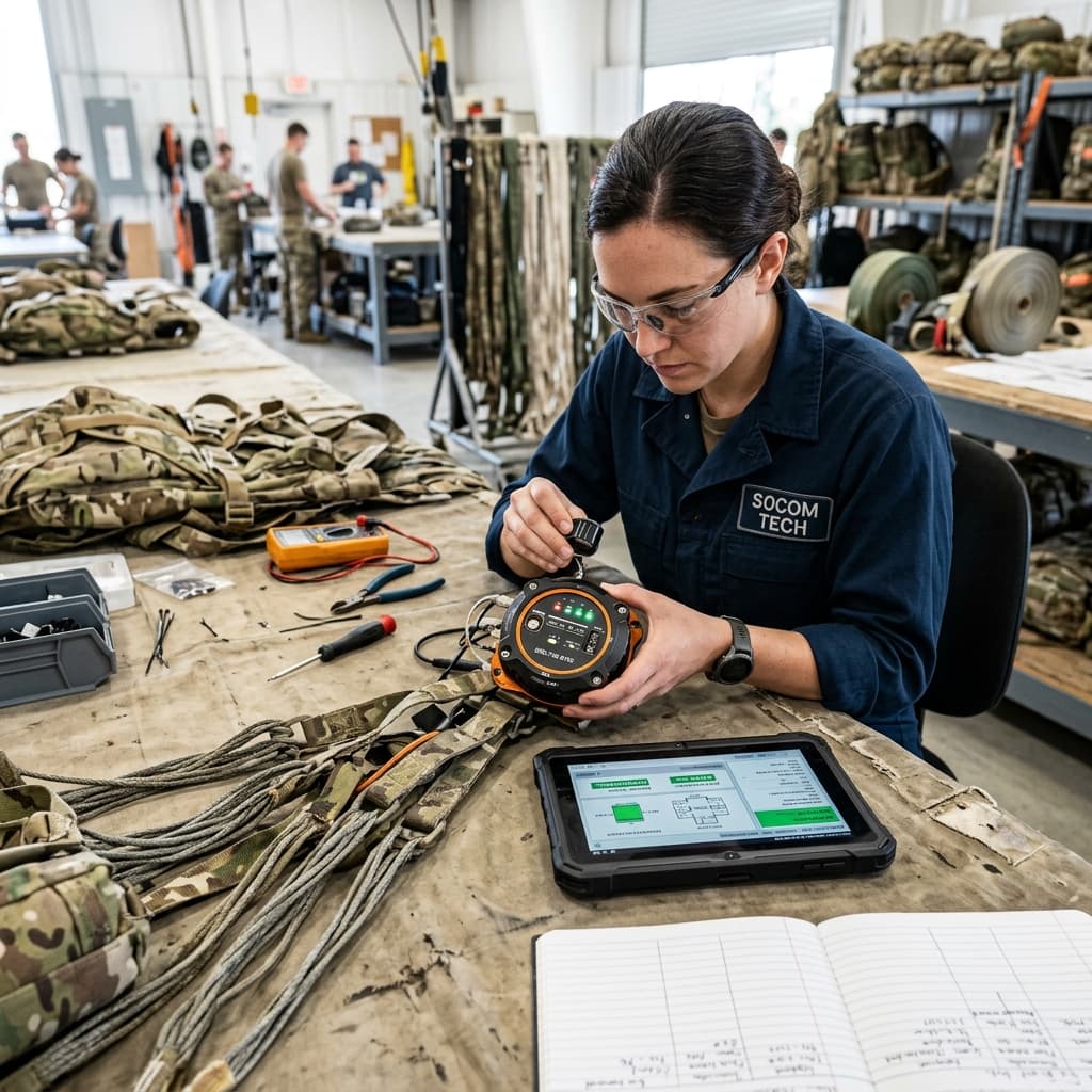 Tactical parachute smart reefing electronic ring device on a packing table