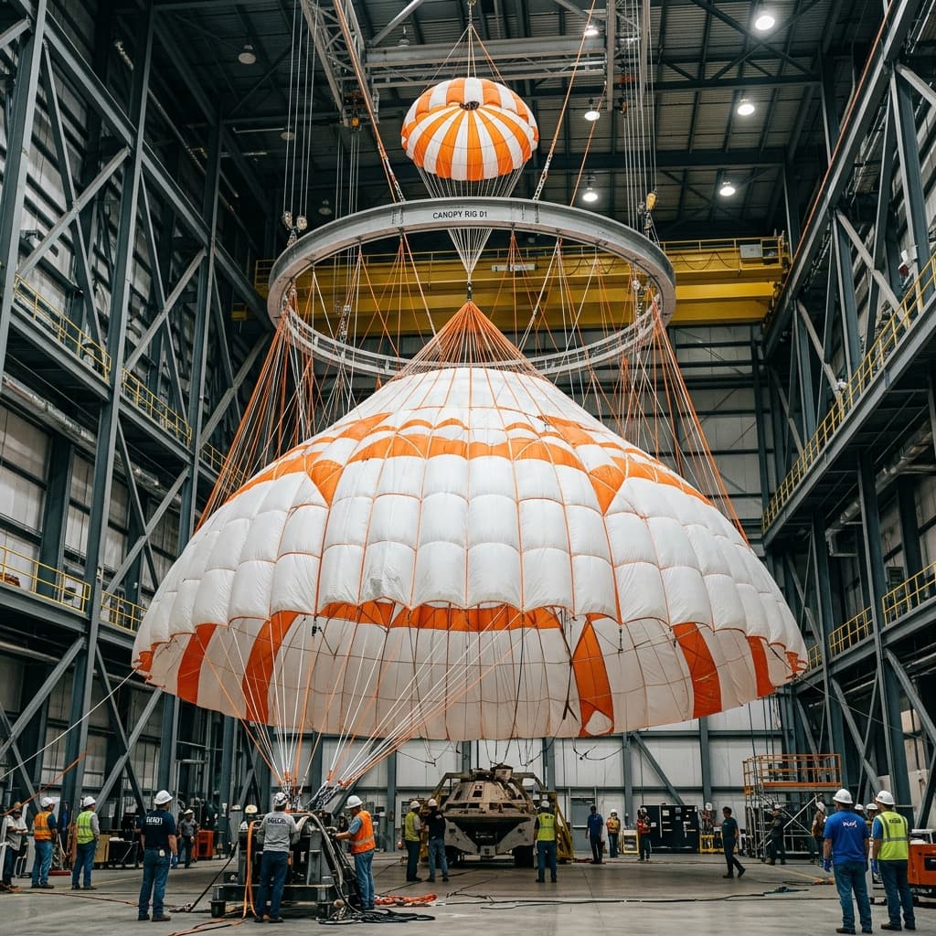 Massive interconnected space capsule drogue and main canopies