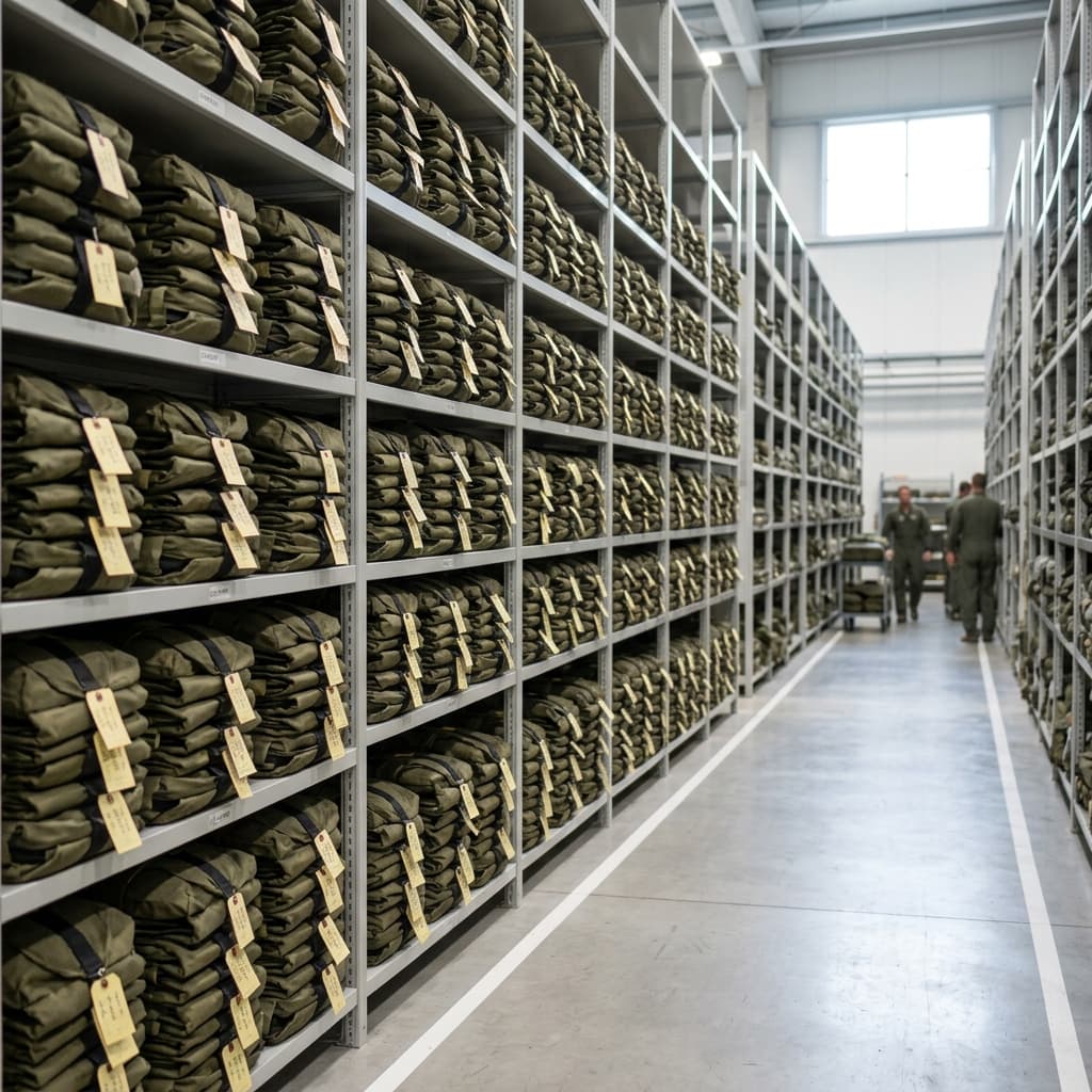 Military parachute rigger facility with stacked gear