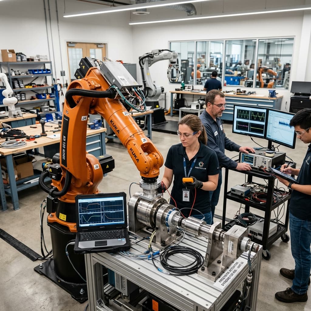 Engineers testing an industrial robotic arm's precision actuator joints on a dynamometer rig
