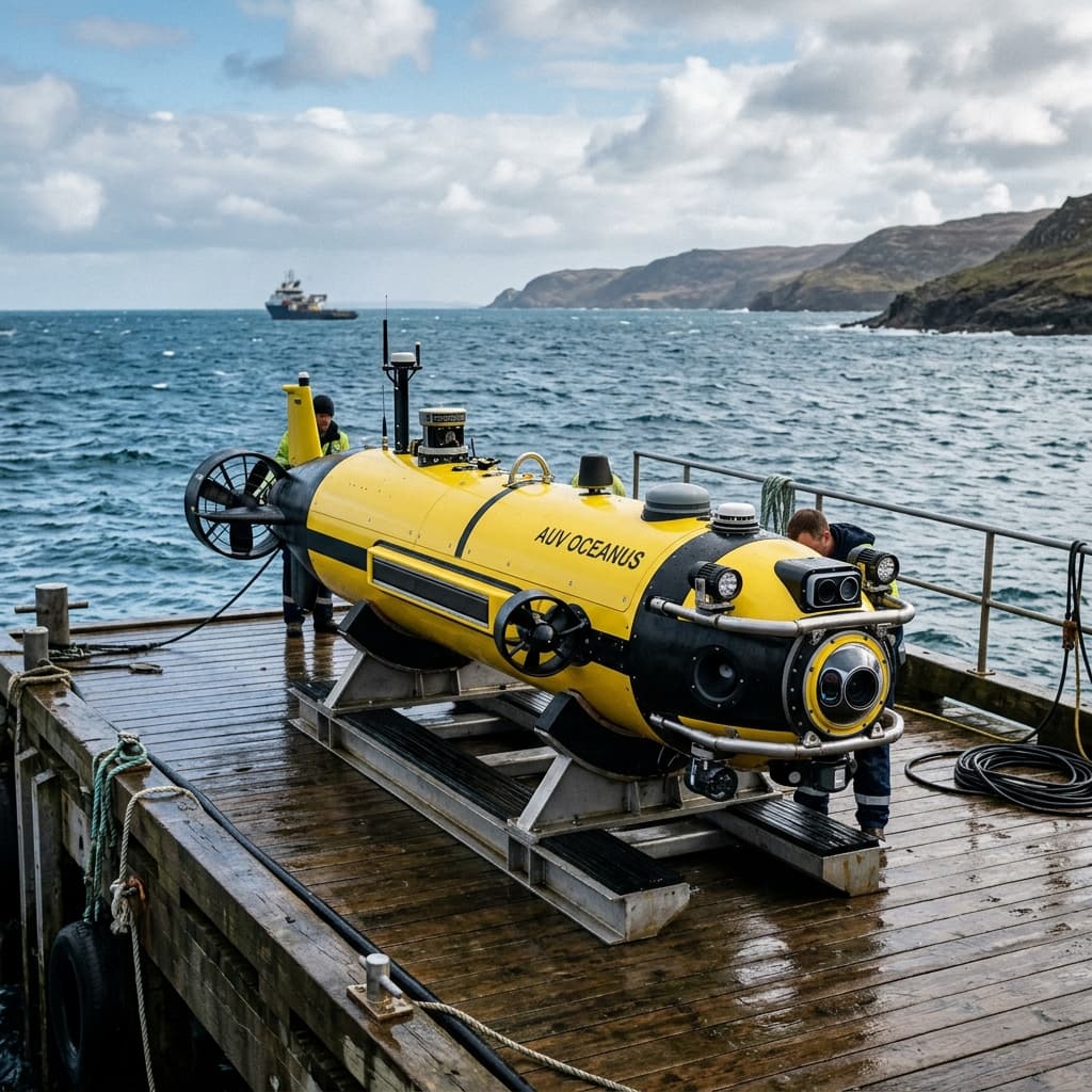 Sleek deep diving stealth autonomous underwater vehicle submersible being deployed from a naval ship