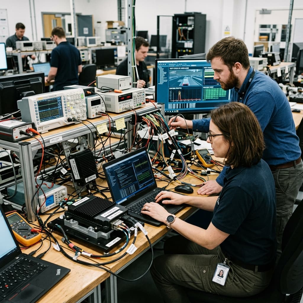 Quality assurance engineers conducting hardware in the loop stress tests on rugged computing modules