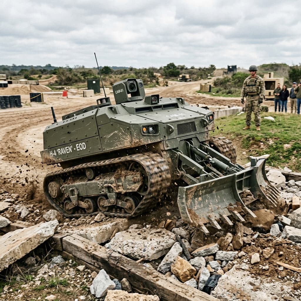 Heavy combat unmanned ground vehicle with engineering plow on a test track