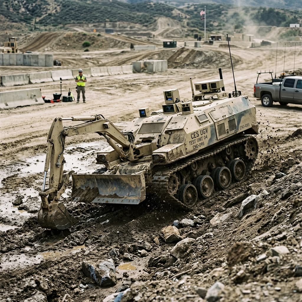 Rugged heavy duty combat engineering unmanned ground vehicle maneuvering through a dirt course clearing obstacles