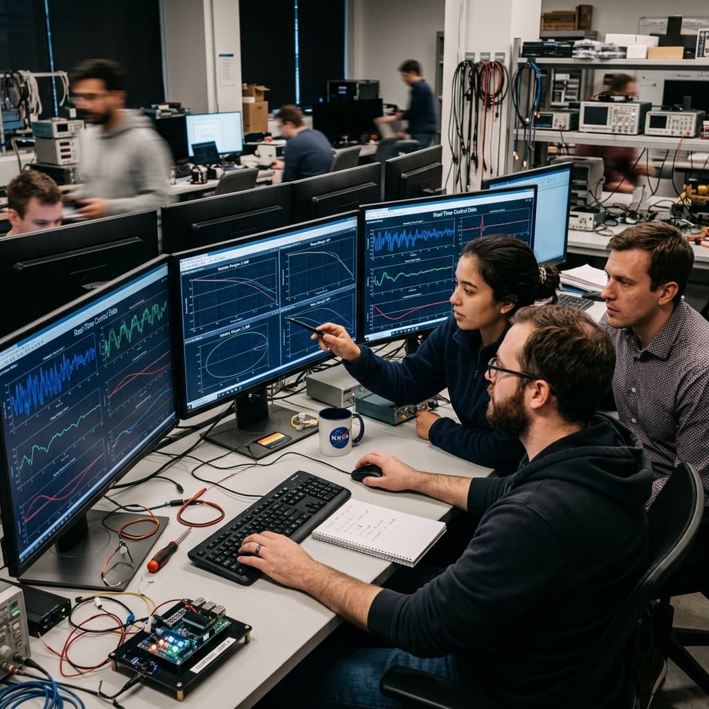 Software engineers analyzing real time complex control system kinematic feedback graphs on glowing terminal monitors