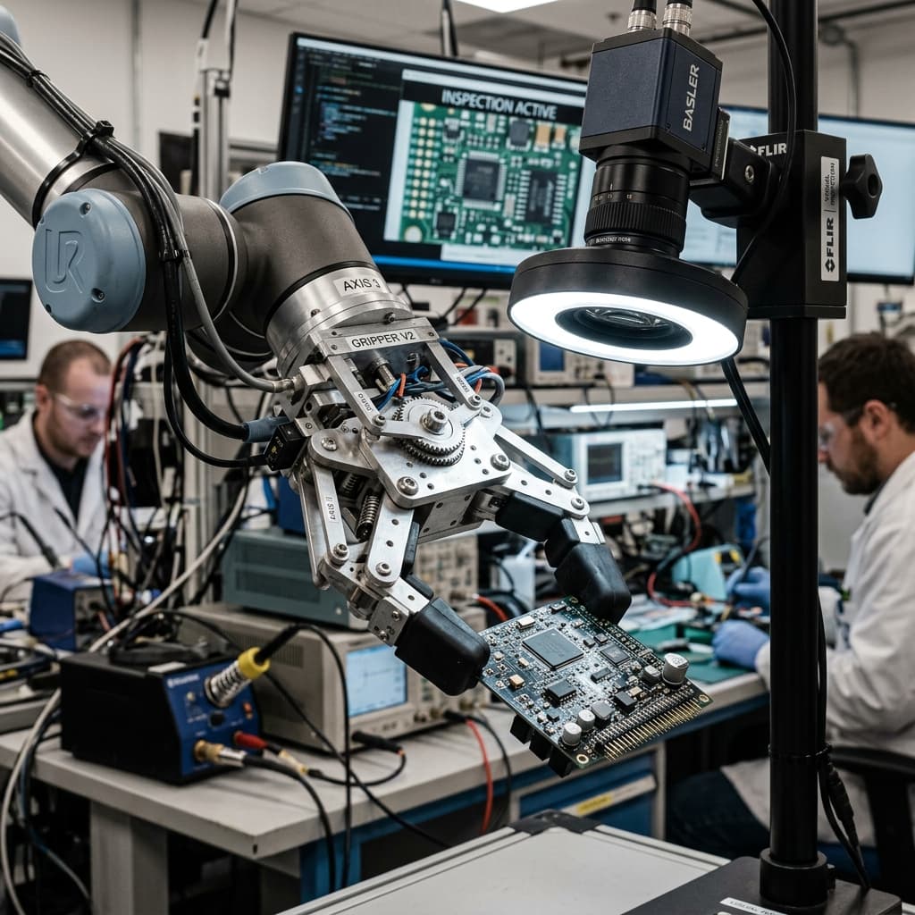Highly intricate custom robotics end effector gripper securely holding a sensitive electronic component under an inspection camera