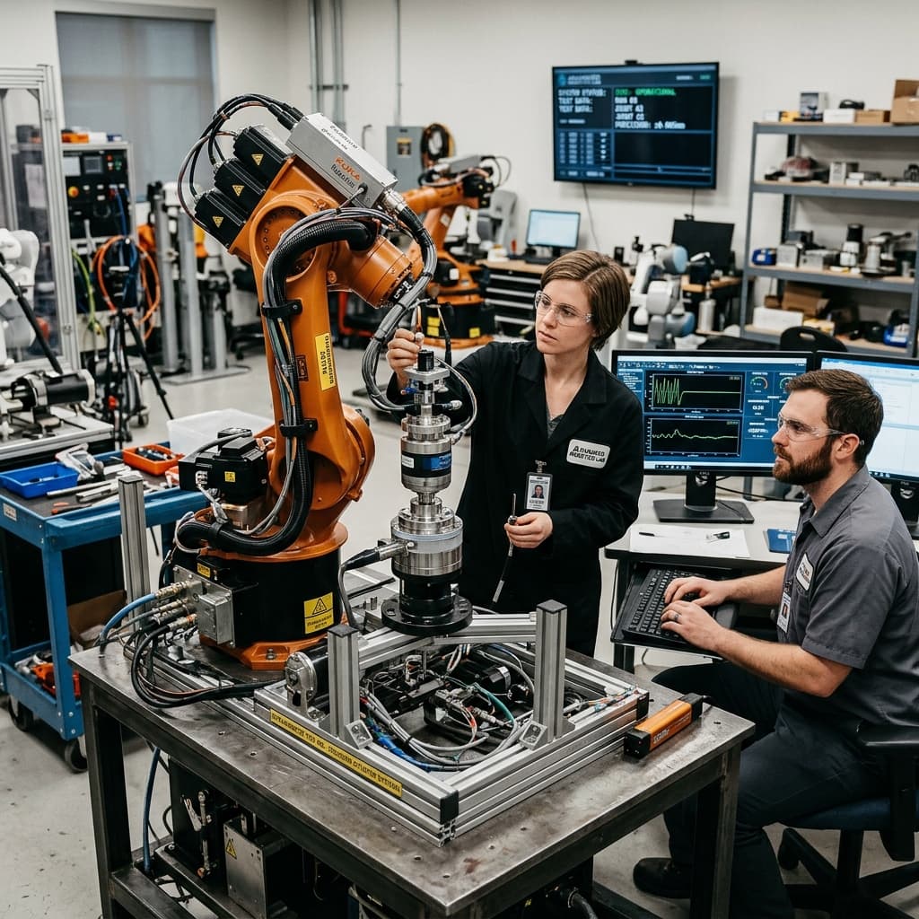 A complex disassembled robotic joint exposing precision copper wound stators and dense planetary gears