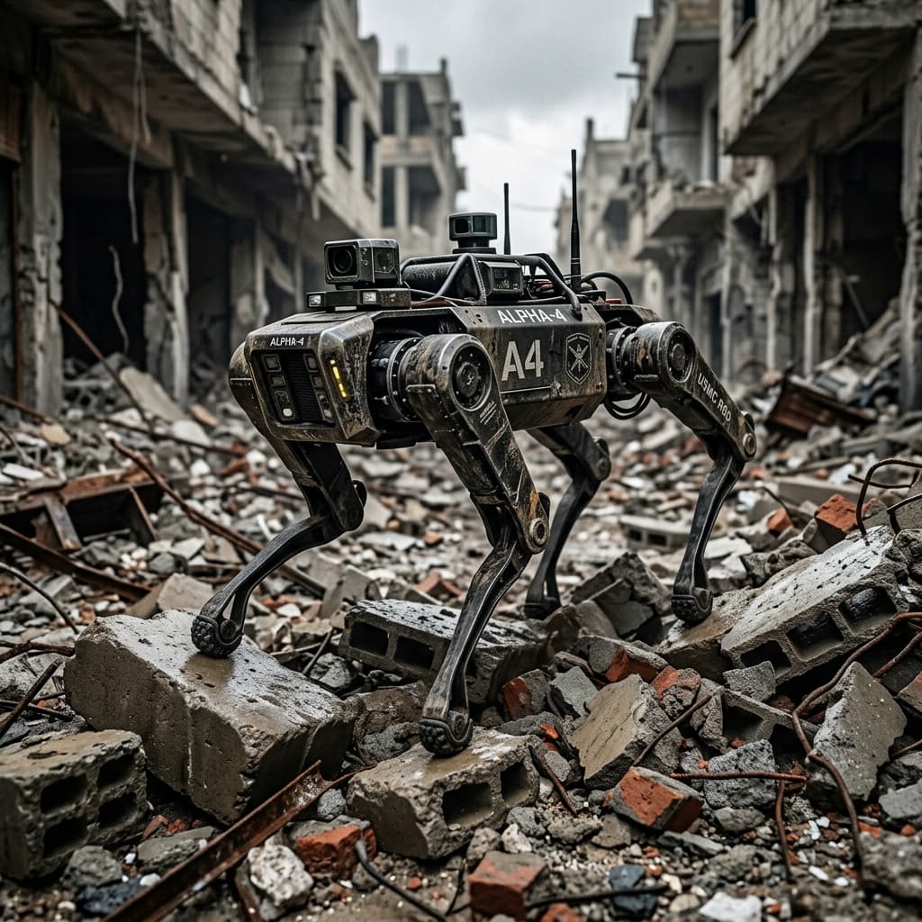 Mechanical quadruped inspecting dangerous subterranean infrastructure showing glowing optical sensor arrays