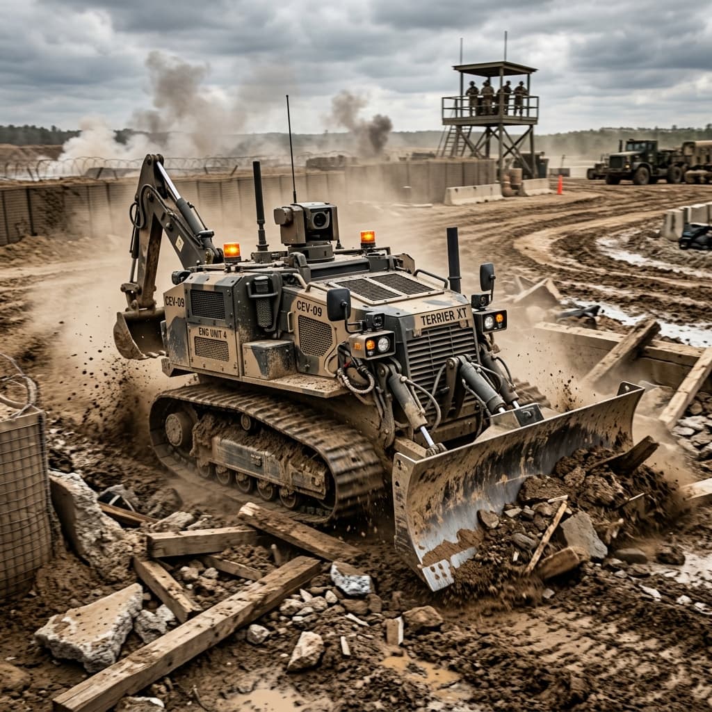 An armored combat engineering robotics platform deploying a heavy kinetic mine clearing flail mechanism