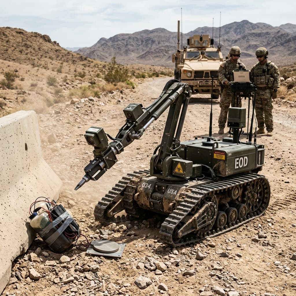 Close up view of complex robotic grippers delicately stripping command wire from an explosive device simulator