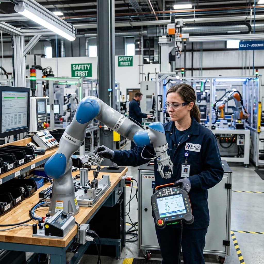 A technician utilizing augmented reality holographic visors superimposing robotic telemetry data over physical hardware