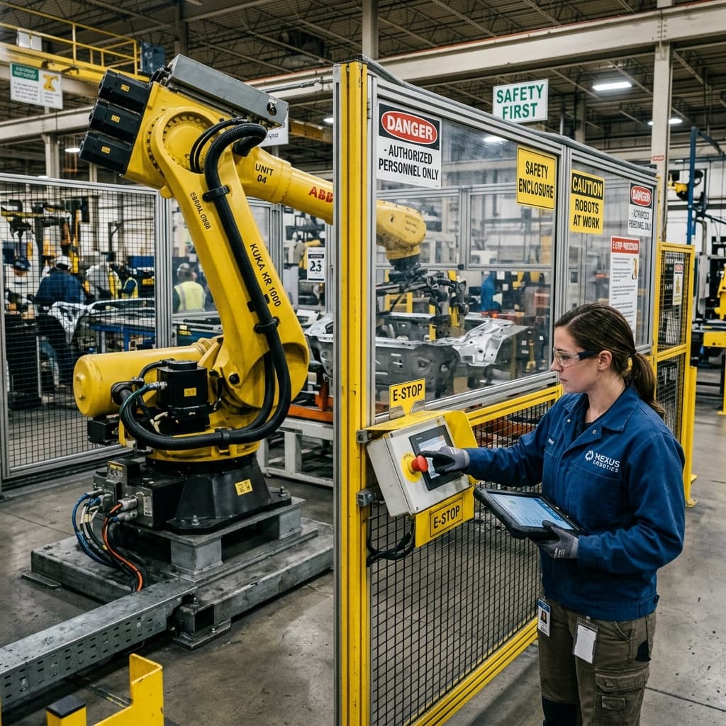 Complex digital visualization showing red safety zones expanding dynamically around a fast moving robotic platform