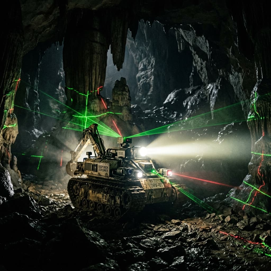 A highly detailed wireframe map of a deep tunnel network generated by autonomous robotic exploration