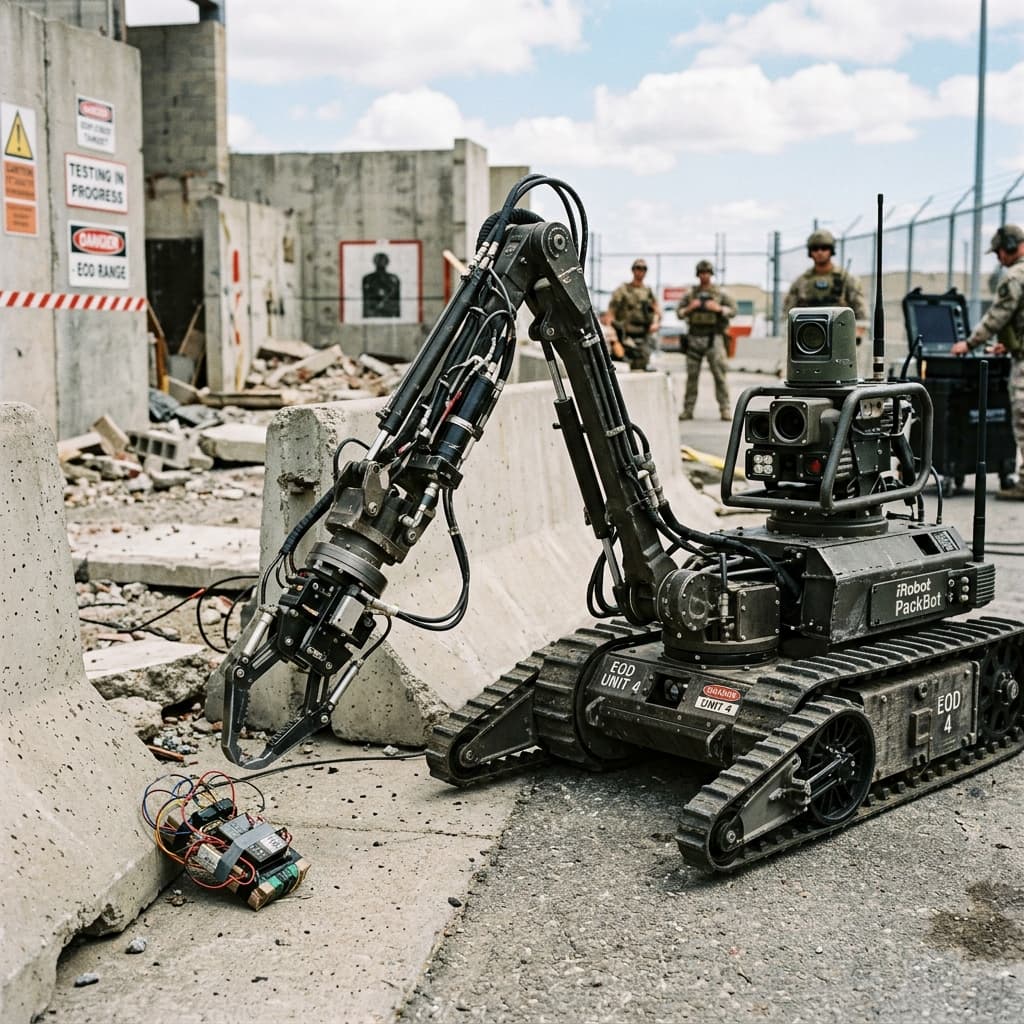 Explosive ordnance disposal robot with precise manipulator arm in a test facility