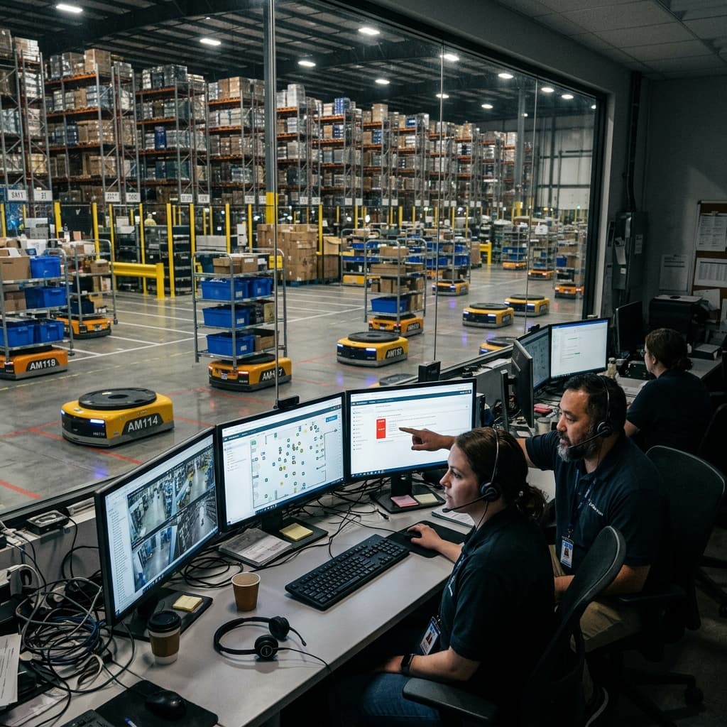 A massive glowing tactical command center showing dozens of autonomous mobile robots navigating complex fleet logistics patterns on digital overlays