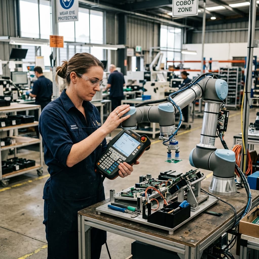 Human operator holding an industrial teach pendant training a collaborative robot arm for a specialized factory task