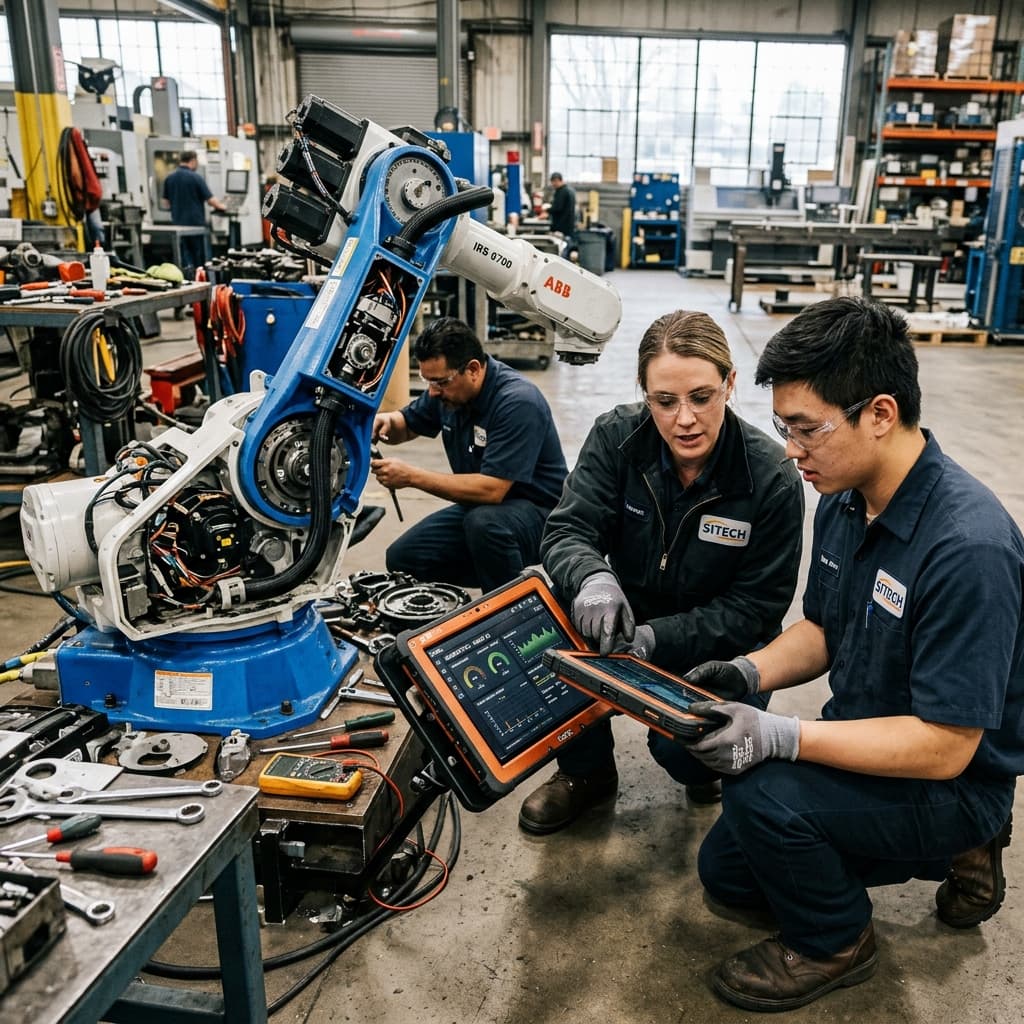 Field technicians examining diagnostic dashboards on a rugged tablet next to a disassembled industrial robot