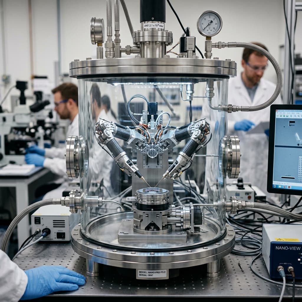 High-precision dual-arm nano-manipulation robotic system inside a glass vacuum chamber